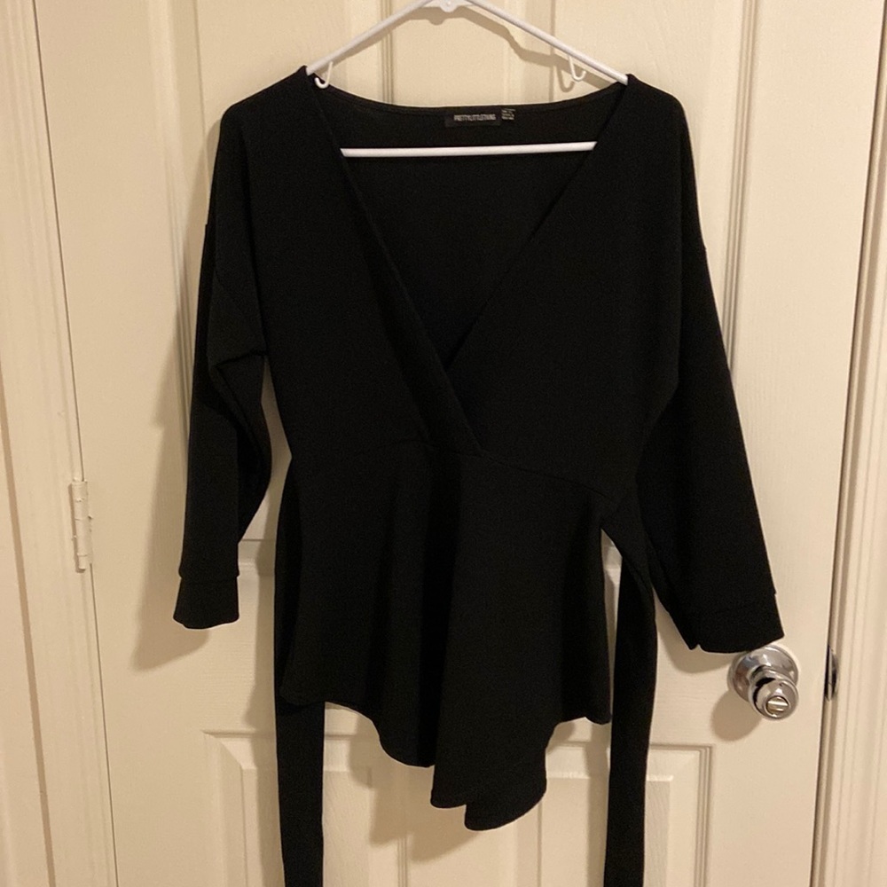 Pretty Little Thing - quarter sleeve, tie at waist, flattering v neck blouse